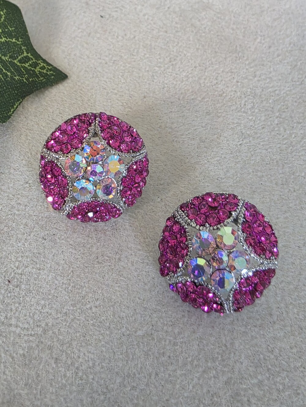 Hot Pink Fuchsia & AB Rhinestone Dome Button Stud Earrings Silver Tone